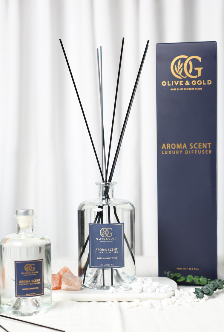 image of long-lasting fragrance of reed diffuser in amber and white tea scent